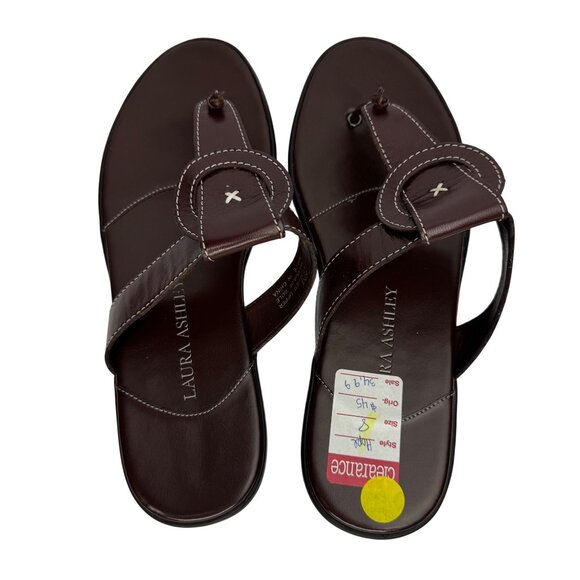 Laura Ashley Dark‎ Brown Leather Thong Sandals with White Stitching Size 8.5 M - Picture 5 of 9